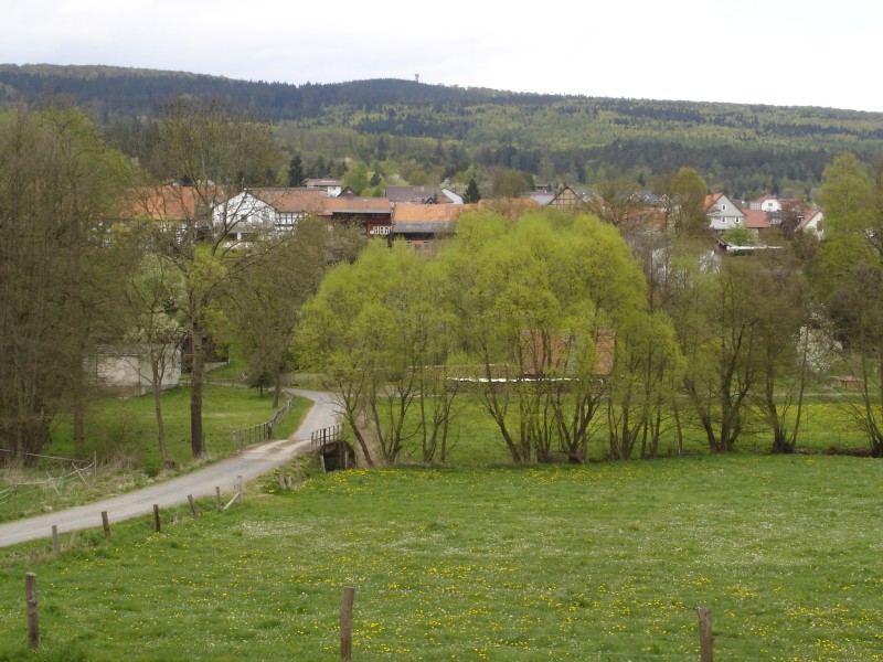 Brücke über die Gilsa am Ortsrand, im Hintergrund der Wüstegarten mit dem Kellerwaldturm