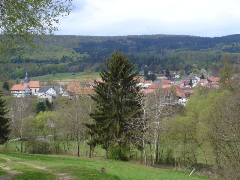 Blick auf Gilsatal, Kirche, Ortskern und den Kellerwald im Hintergrund