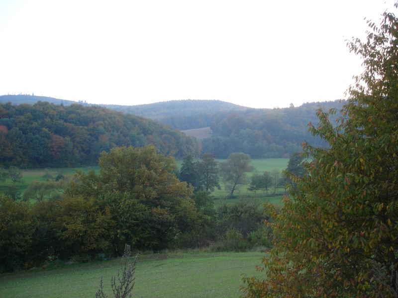 Blick auf das Gilsatal und den Hemberg mit herbstlich gefrbten Bumen