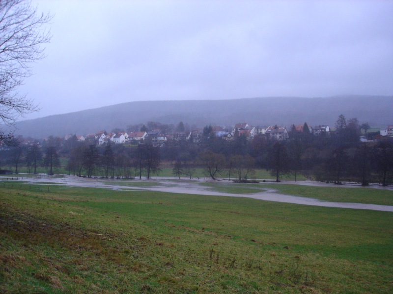 die ber die Ufer getretene Gilsa, dahinter Densberg und der Kellerwald